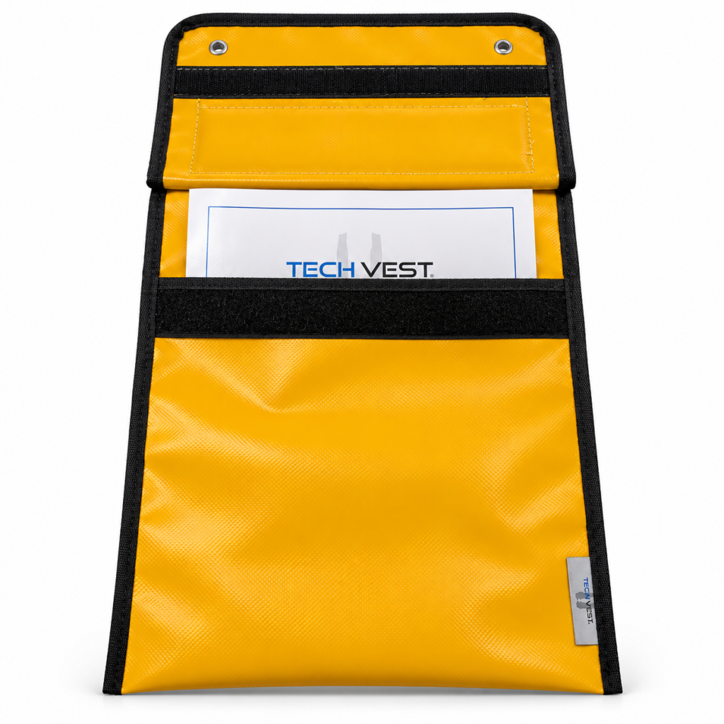 Open Tech Vest A4 document pouch showing internal storage and hook-and-loop closure