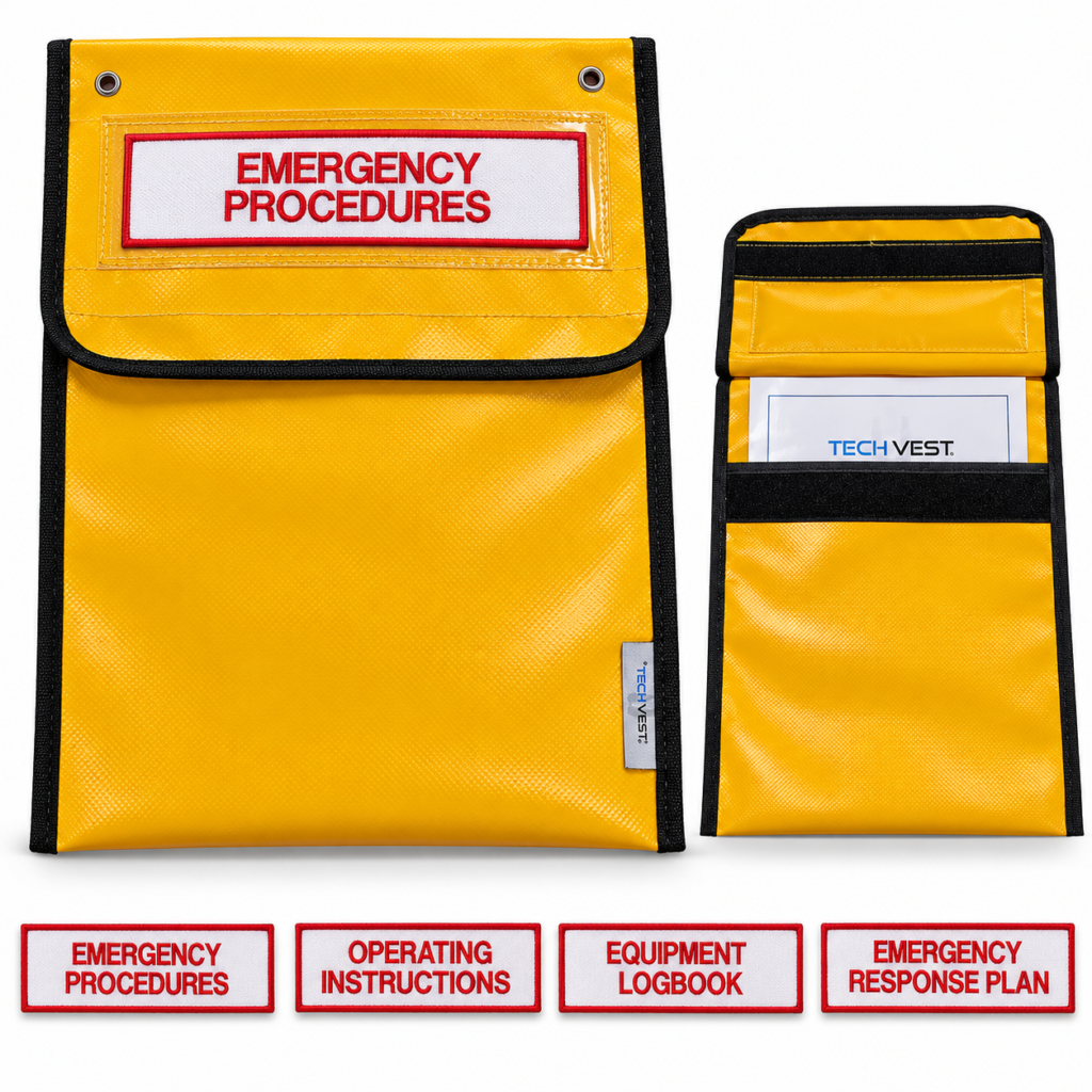 A4 Emergency Procedures Pouch in yellow PVC with embroidered label and options.